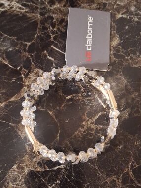 Liz Claiborne Clear Crystal and Gold Bead Stretch Bracelet